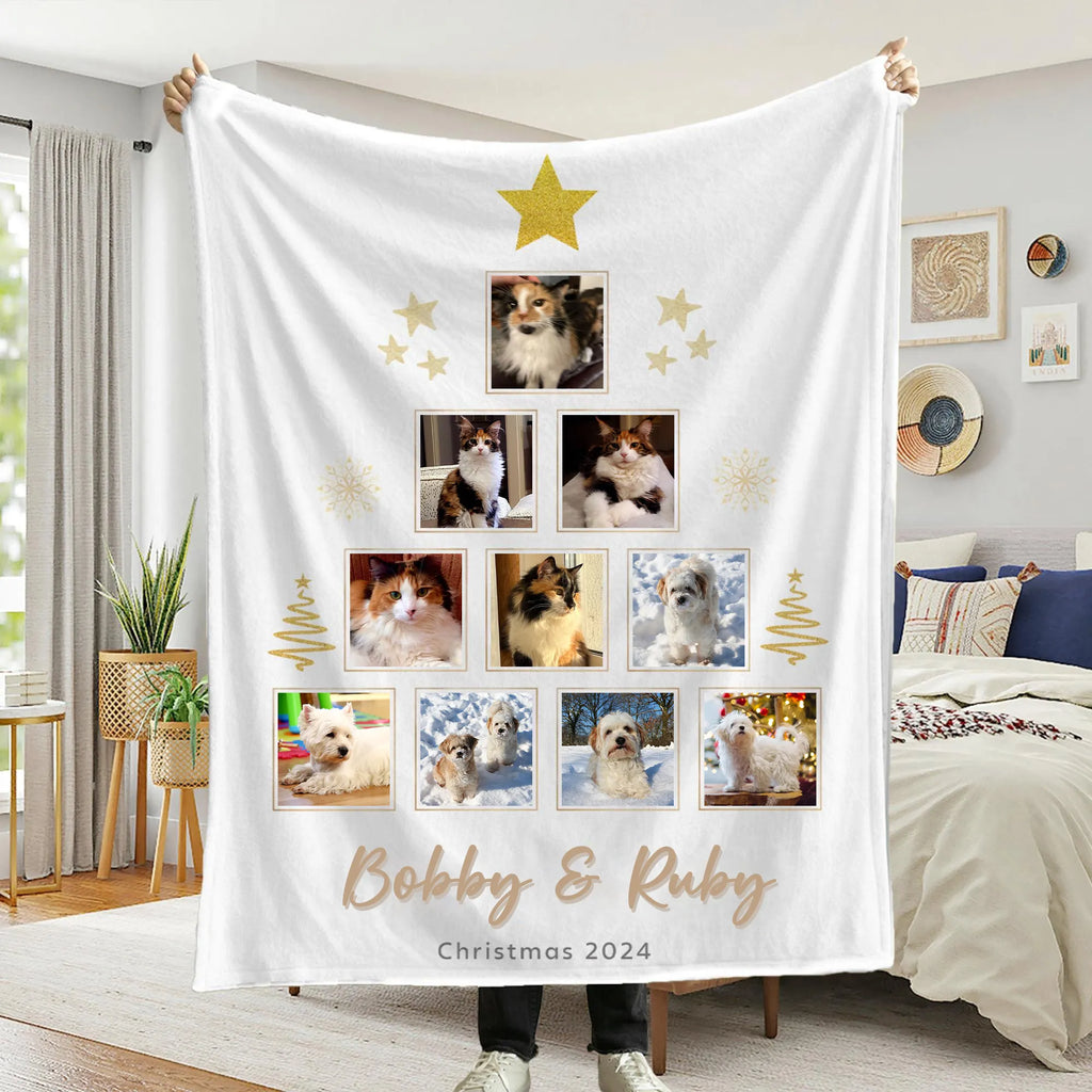 PetFiestas® Custom Photo Christmas Tree Collage, Personalized Photo Blanket, Christmas Gift