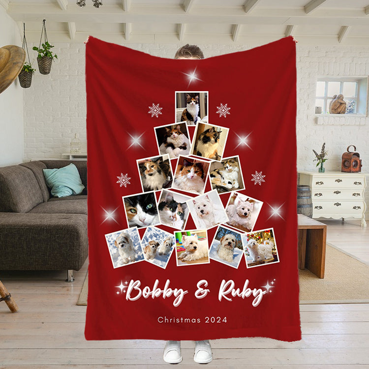 PetFiestas® Custom Photo Christmas Tree Collage, Personalized Photo Blanket, Christmas Gift