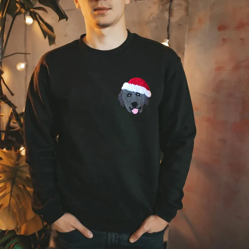 PetFiestas® Custom Christmas Pet Portrait Embroidered Tufted Embroidery Sweatshirt Hoodie T-shirt Christmas Gift- Colorf