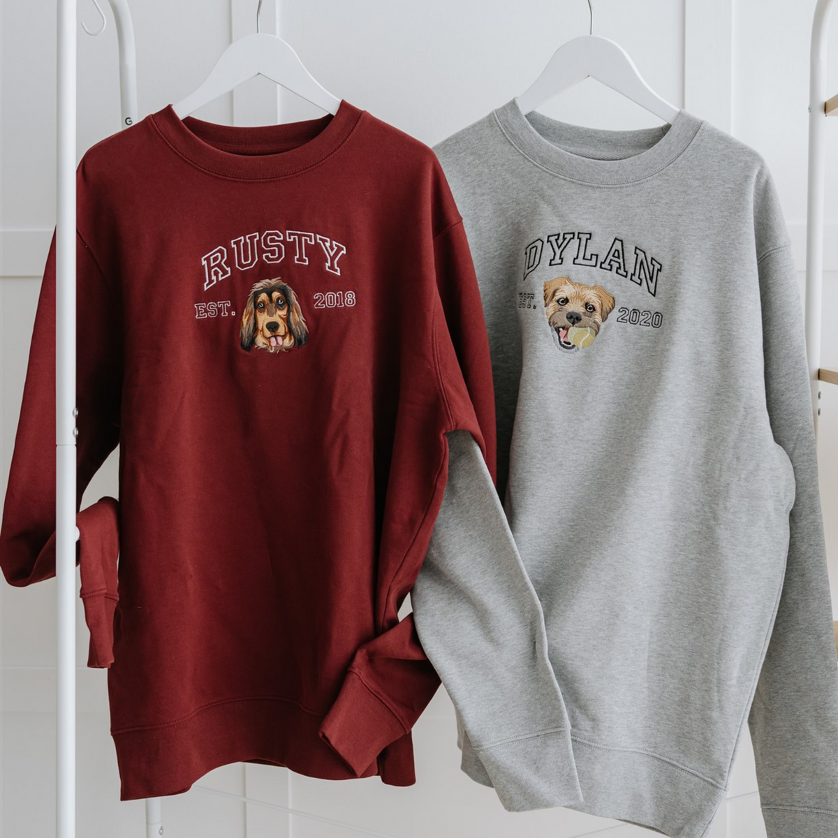 Custom Varsity Style Embroidered Pet Portrait College Sweatshirt Hoodie T-shirt- Varsity Colorful Design