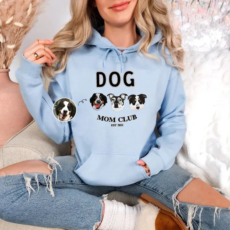 Dog Mom Club Custom Pet Portrait Embroidered Sweatshirt Hoodie T-shirt, Mother's Day Gift