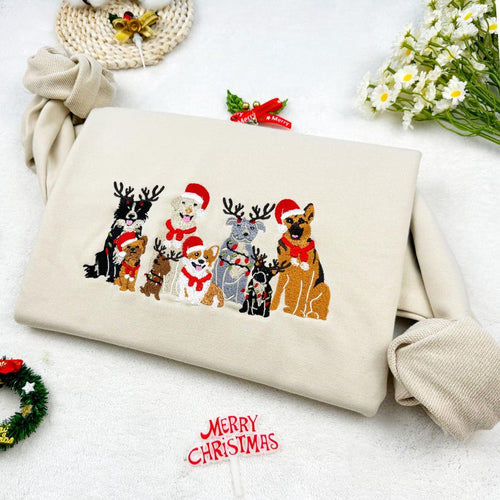 Christmas Dog Family Embroidered Sweatshirt Hoodie T-shirt Unisex Crew Neck- Colorful Design