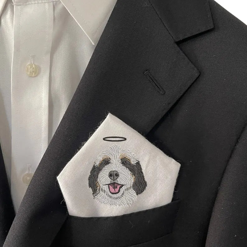 Custom Embroidered Pet Photo Pocket Square, Custom Cotton Handkerchief, Men's Wedding Gift 