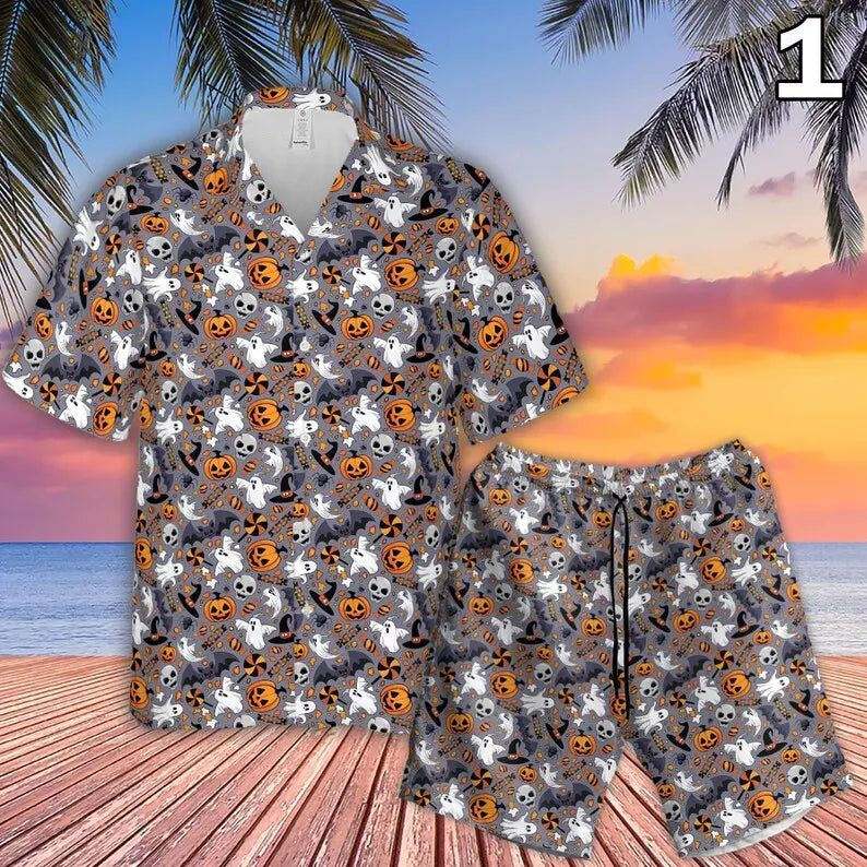 Custom Dog Face Halloween Hawaiian Shirt, Halloween Boo Horror Spooky Hawaiian Shirt And Short