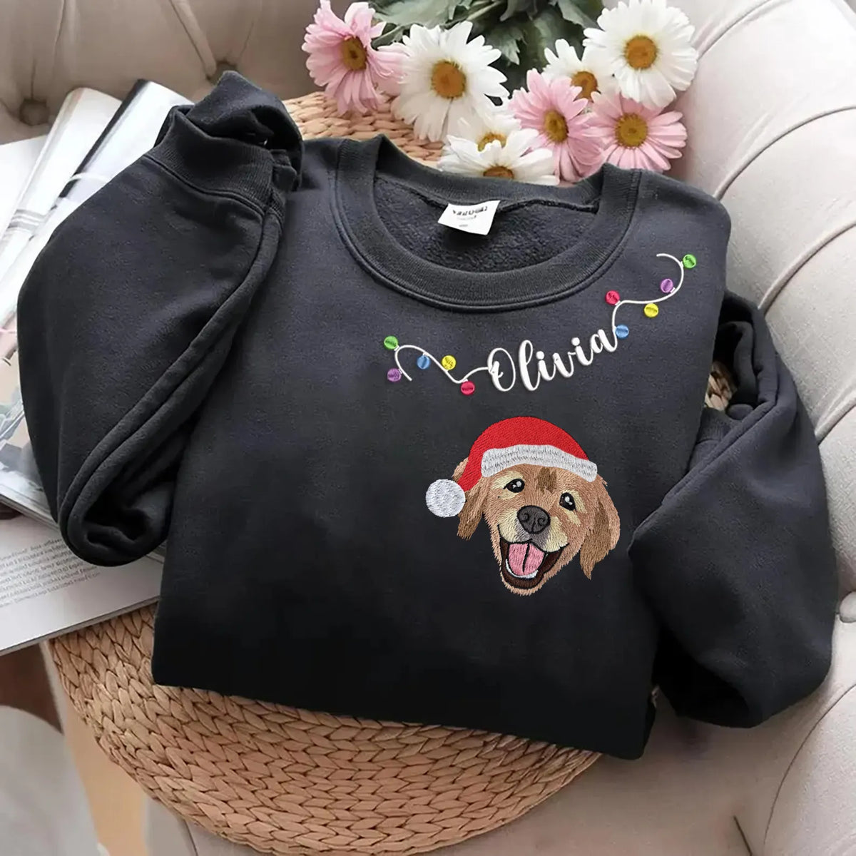 PetFiestas® Custom Pet Embroidery with Name & Mistletoe Neckline – Sweatshirt, Hoodie, T-Shirt- Colorful Design