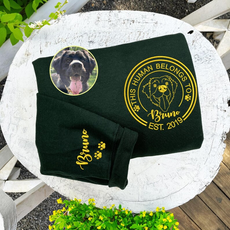 Embroidered This Human Belongs To Sweatshirt, Custom Portrait Pet From Photo Hoodie- Stylish Outline Style