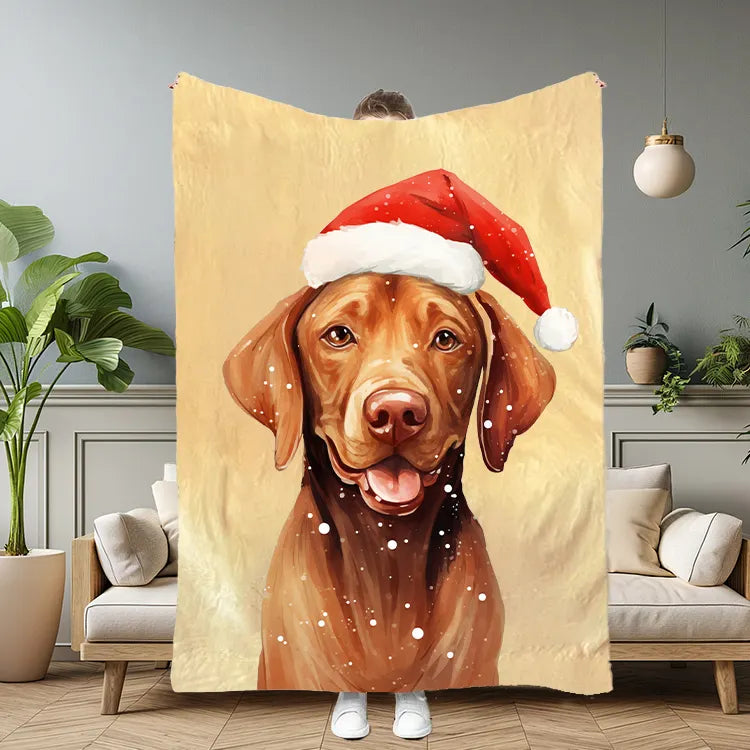 PetFiestas® Custom Christmas Pet Portrait Blanket with Santa Hat & Snowflakes – Personalized Dog Blanket Gift
