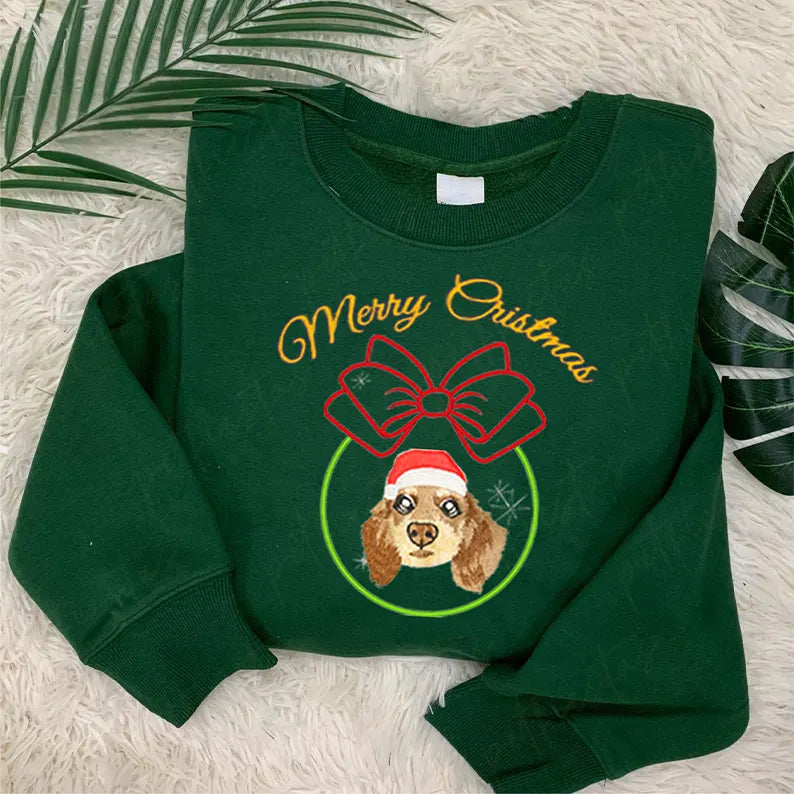 PetFiestas® Embroidery Sparkle Christmas Ball Custom Pet Face Embroidered Sweatshirt Hoodie T-shirt- Colorful Design