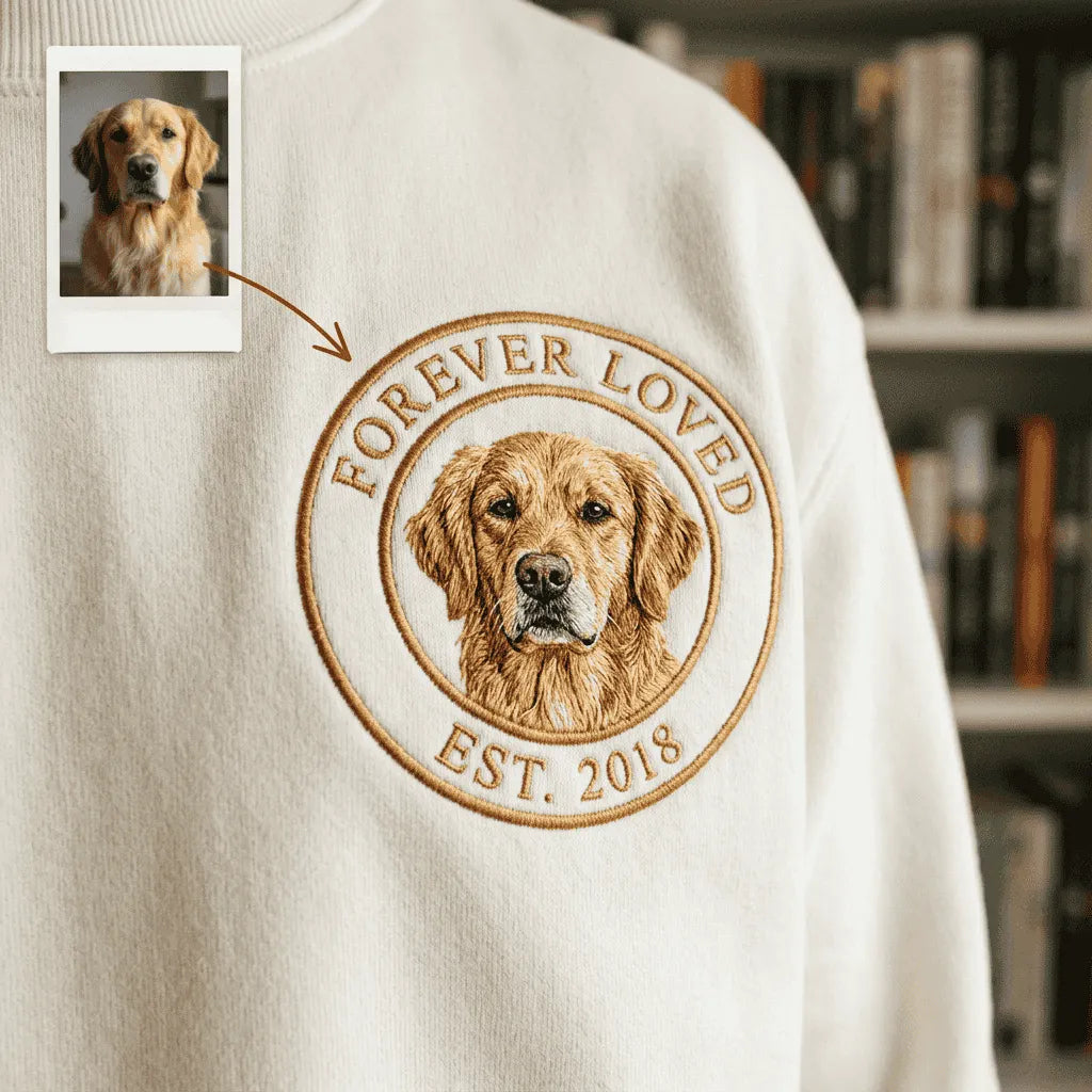Custom Badge Embroidered Sweatshirt with Pet  Face from Photo - Personalized Pet Portrait Hoodie -Colorful Design