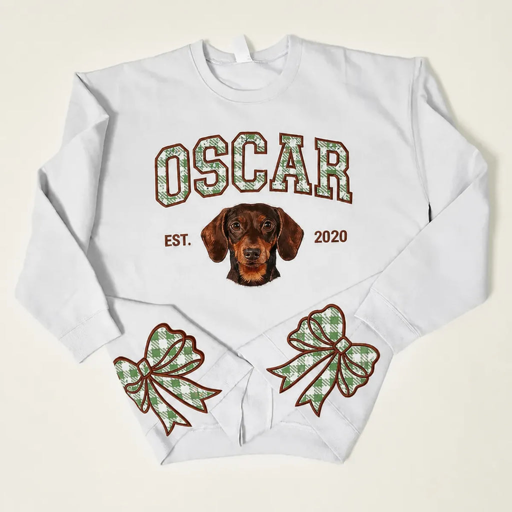 Custom Pet Portrait Gingham Applique Embroidered Sweatshirt with Side Bow Detail