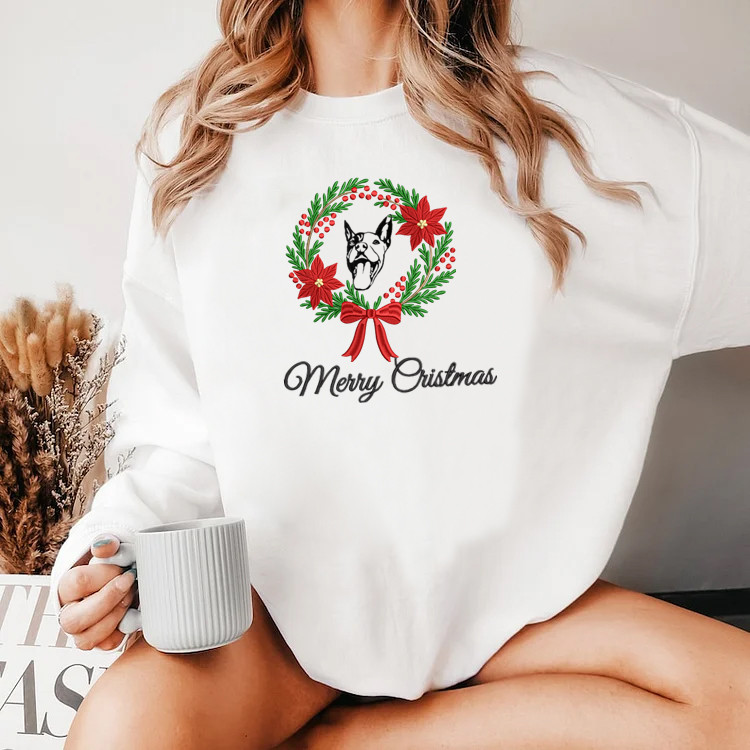 Personalized Christmas Pet Embroidered Sweatshirt – Custom Pet Portrait in Holiday Wreath Design