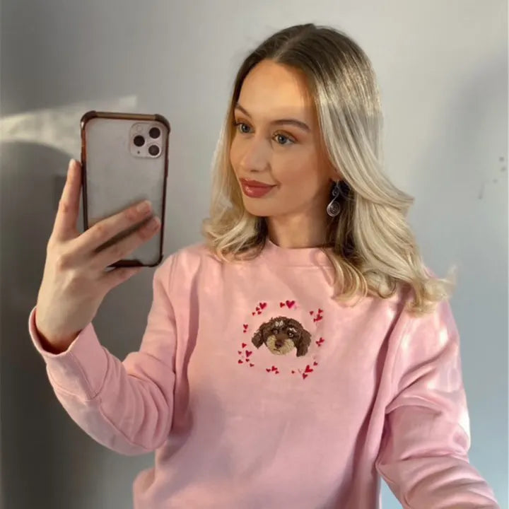 Custom Embroidered Pet Portrait With Pink Hearts Design Valentines Sweatshirt Hoodie T-shirt- Colorful Design