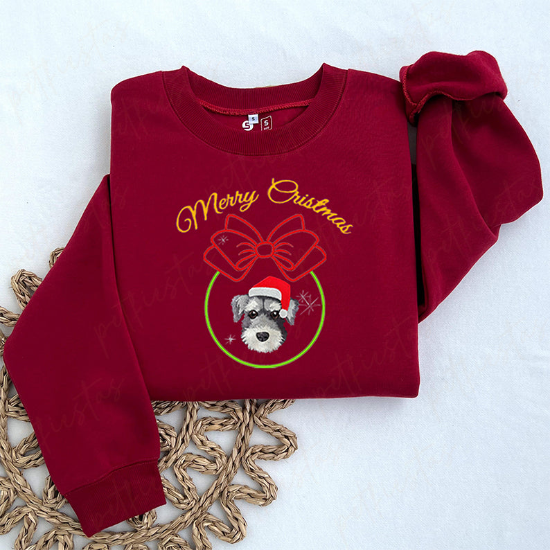 PetFiestas® Embroidery Sparkle Christmas Ball Custom Pet Face Embroidered Sweatshirt Hoodie T-shirt- Colorful Design