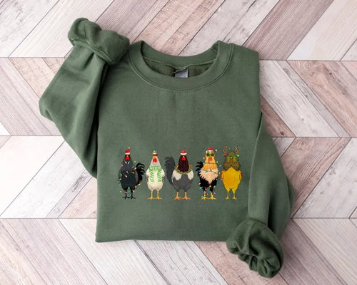 Christmas Chickens Sweatshirt, Cute Chicken Farm Animals Holiday Shirt