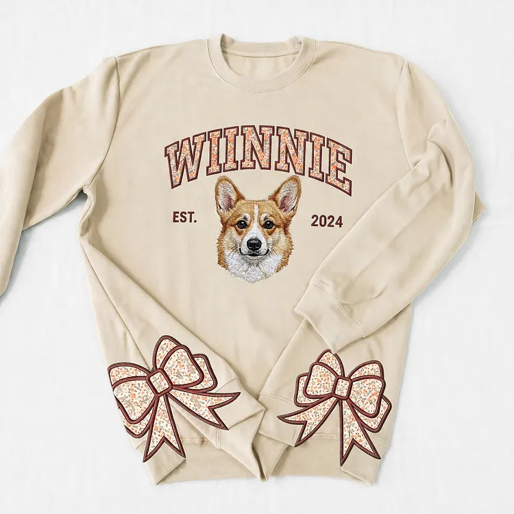 Custom Pet Portrait Floral Applique Embroidered Sweatshirt with Side Bow Detail