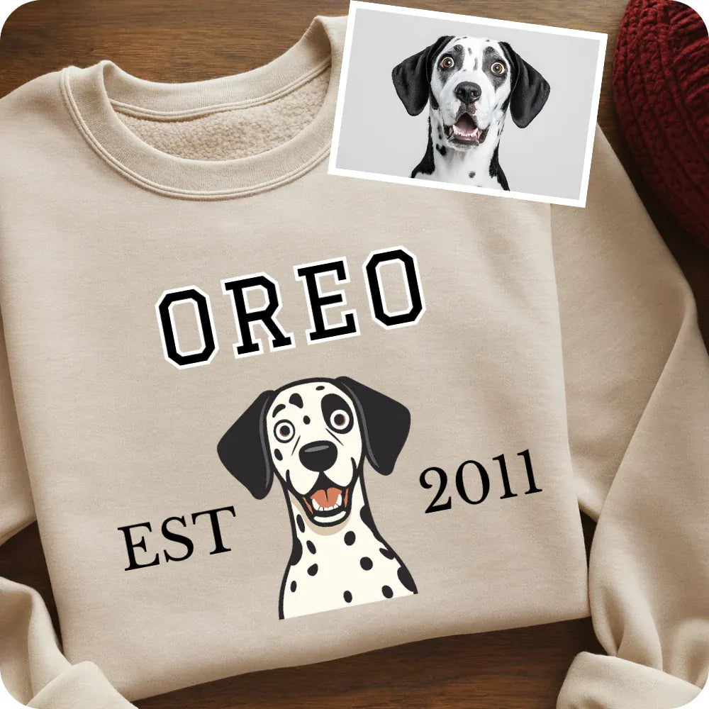 Custom Illustrated Pet Photo & Name Printed Sweatshirt, Hoodie & T-Shirt