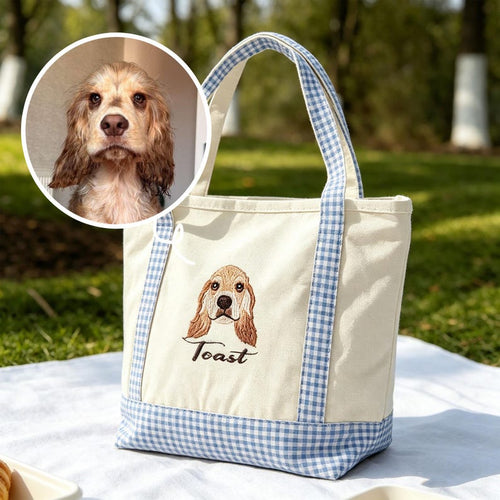 Bestickte Tote Bag mit Portrait, Karomuster