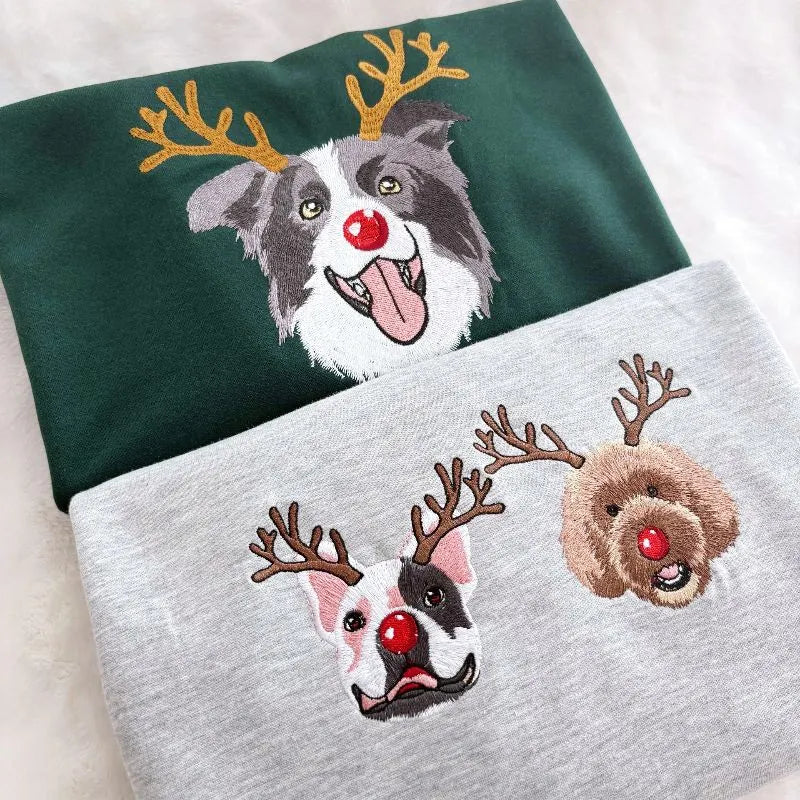 PetFiestas® Custom Dog Embroidered Christmas Sweatshirt with Funny Reindeer Design