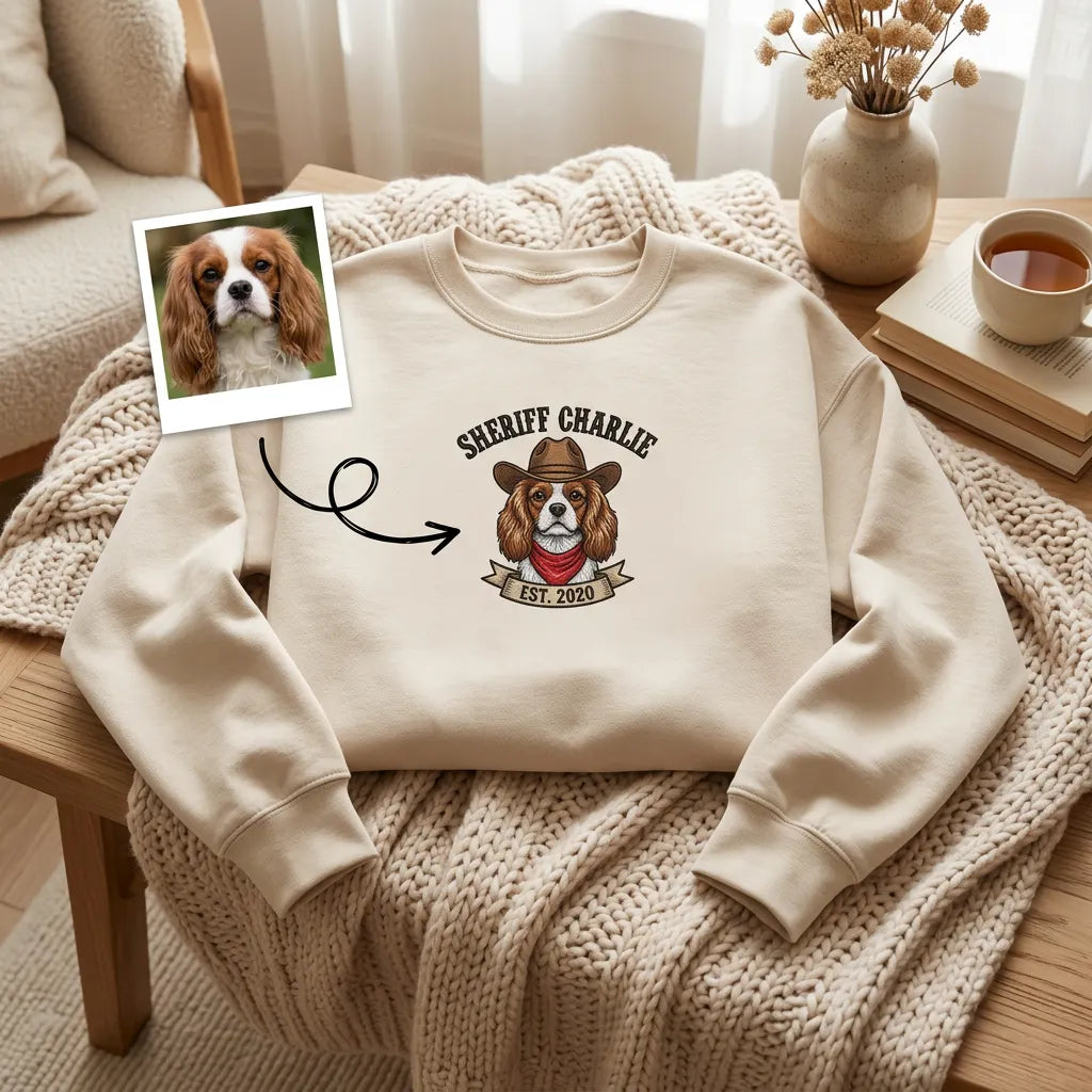 Custom Sheriff Badge Embroidered Pet Portrait Hoodie – From Your Photo, Personalized with Pet’s Name & Est. Date, Colorf