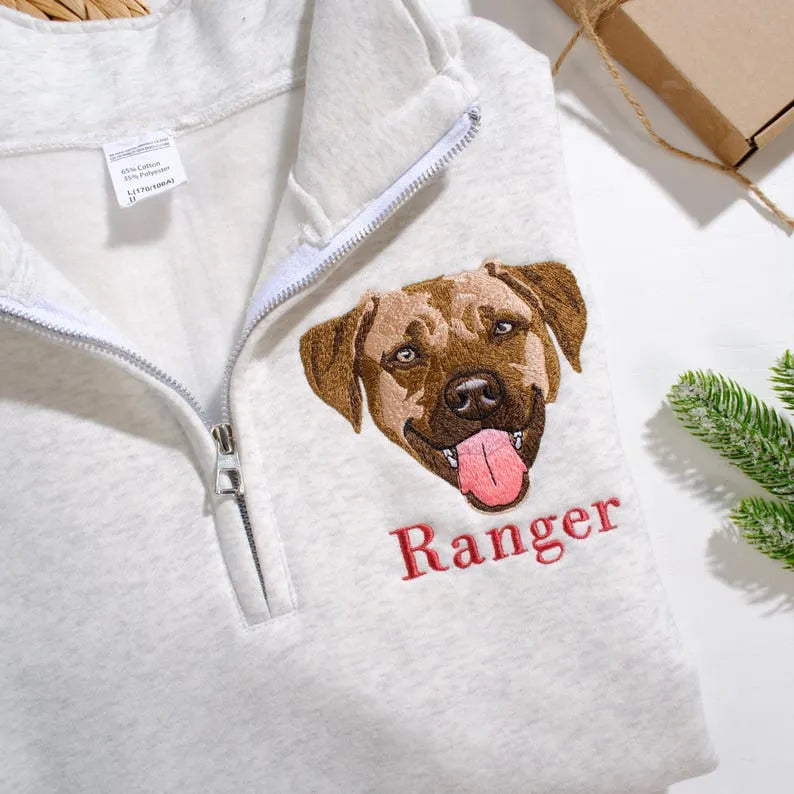 Custom Pet Portrait Quarter Zip Sweatshirt With Name, Dog Cat Face Sweatshirt- Colorful Design