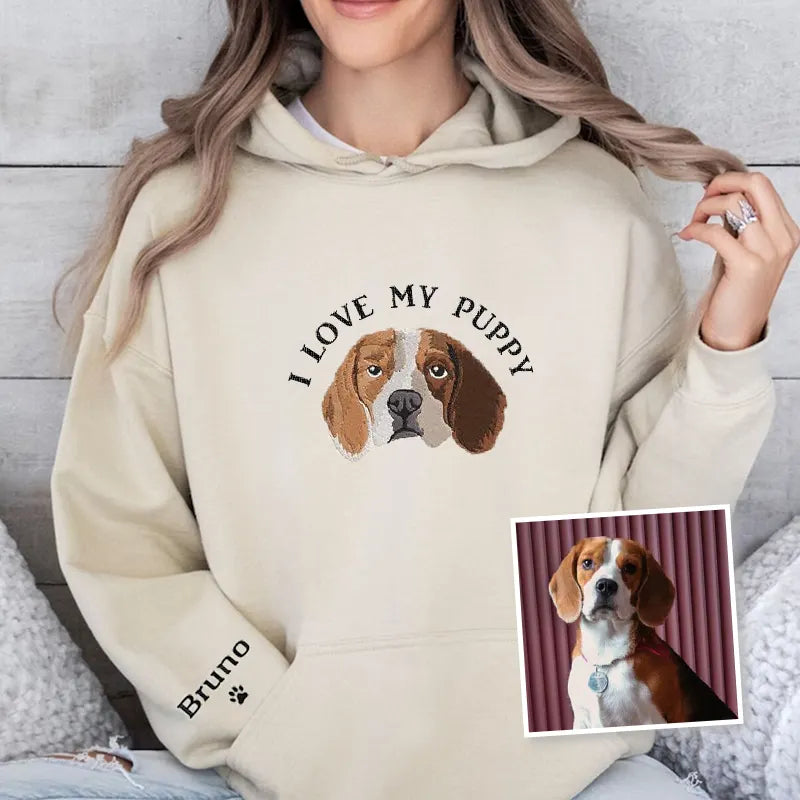 I Love My Dog Custom Pet Portrait Embroidered Crewneck T-shirt Hoodie- Varsity Colorful Design