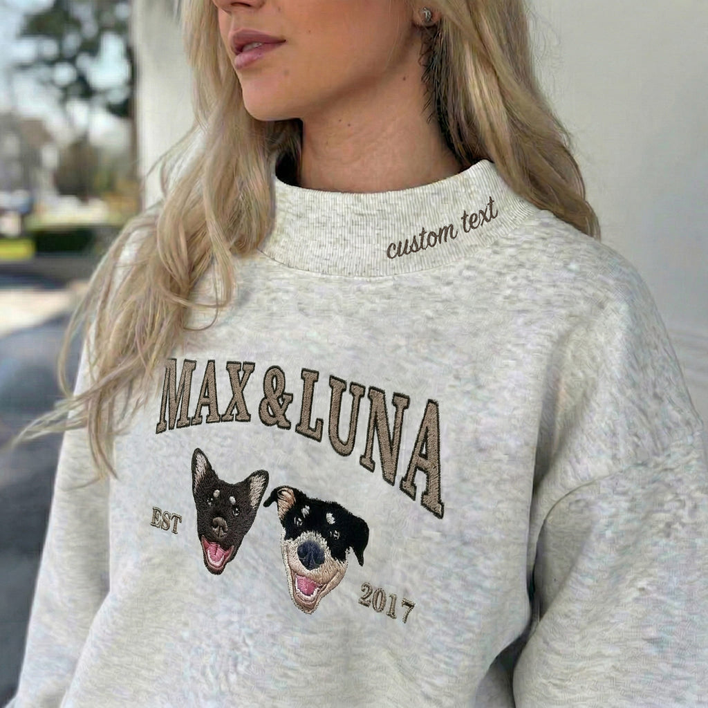 Custom Pet Mockneck Sweatshirt – Embroidered Pet Portrait Photo Varsity Style