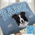 Custom Pet Portrait Sweatshirt — Indigo Blue Chinoiserie Appliqué Name