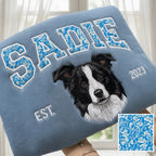 Custom Pet Portrait Sweatshirt — Indigo Blue Chinoiserie Appliqué Name