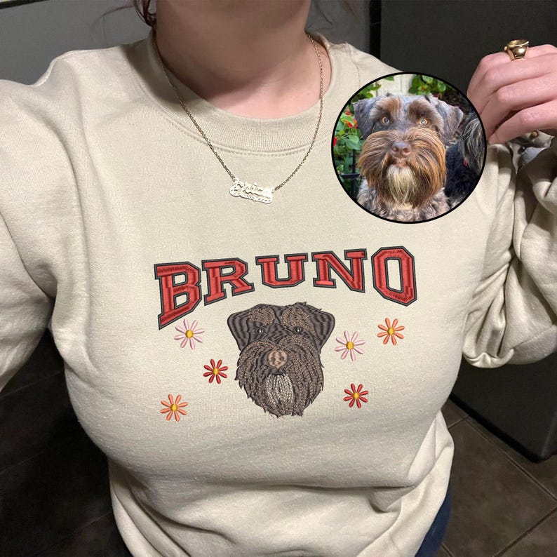 Custom Pet Photo Embroidery with Pet Name T-shirt Sweatshirt Hoodie with Floral Design- Colorful Design