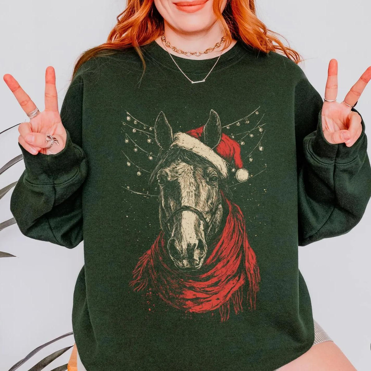 Christmas Horse Sweatshirt, Custom Horse with Santa Hat Graphic Crewneck
