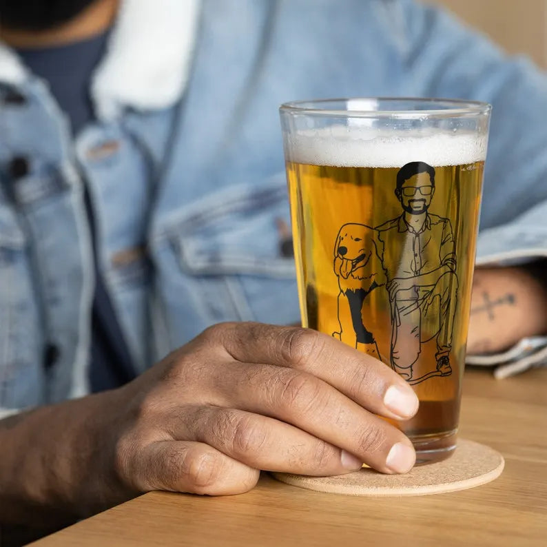 Custom Dad With Dog Portrait Beer Glass, Custom Photo Pint Glass, Fathers Day Drinkware Gift