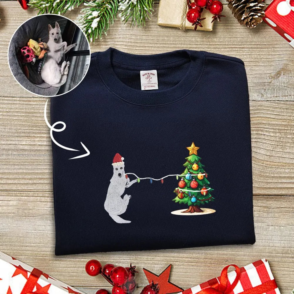 Custom Embroidered Christmas Tree And Lights Pet Embroidered Sweatshirt Hoodie T-shirt- Colorful Design