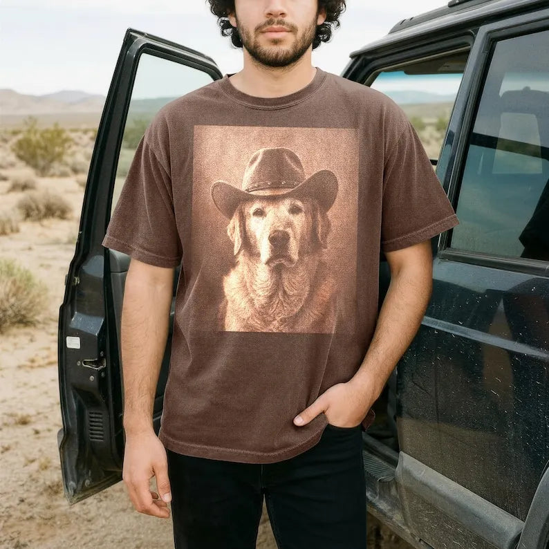 Custom Pet Portrait Cowboy Shirt, Vintage Western Tee for Dog Lovers