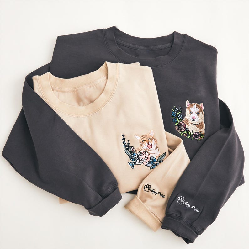 Custom Embroidered Pet Sweatshirt with Flowers - Personalized Dog Cat Portrait Crewneck Hoodie- Colorful Design