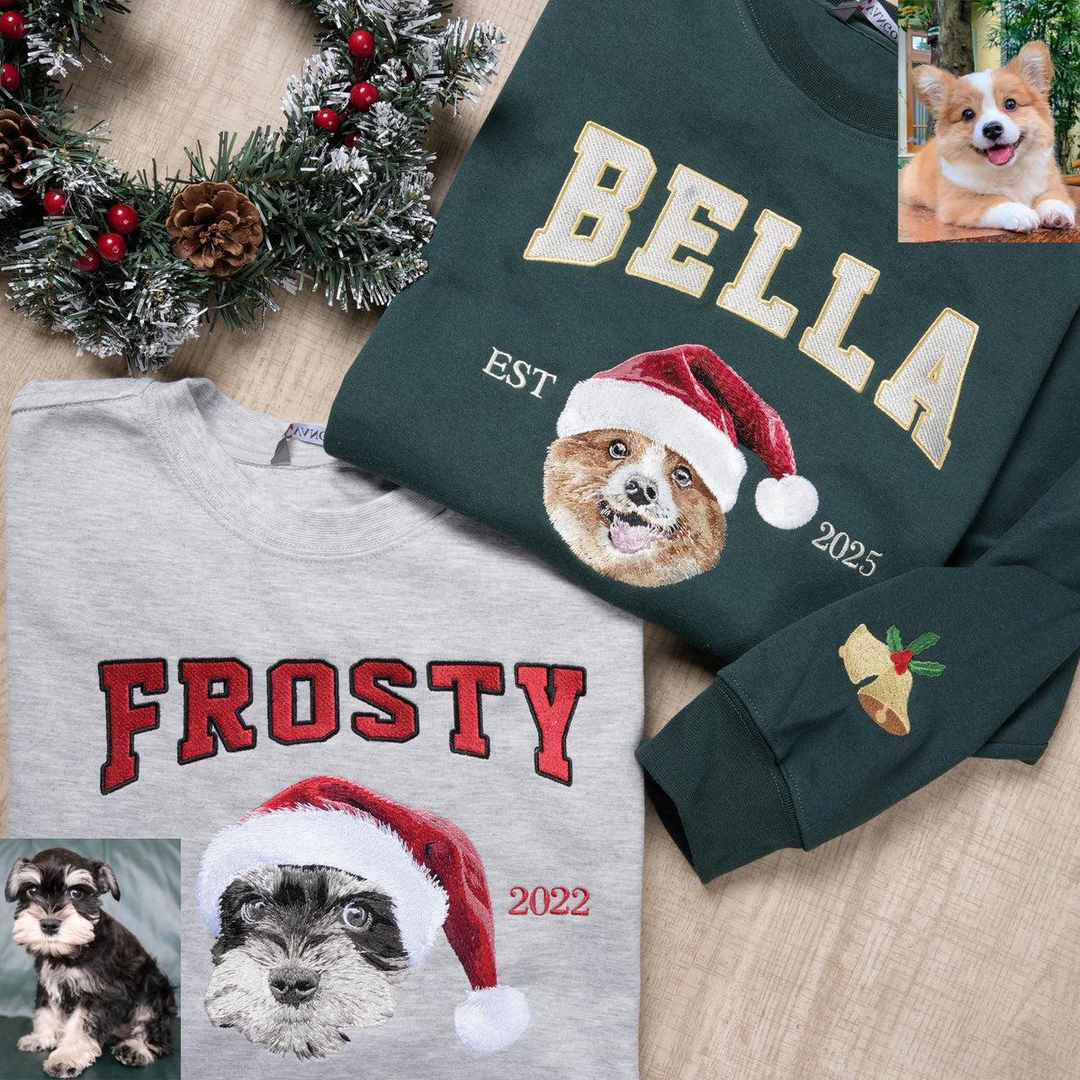 Custom Christmas Preppy Embroidered Pet Portrait T-shirt Sweatshirt Hoodie- Varsity Colorful Design
