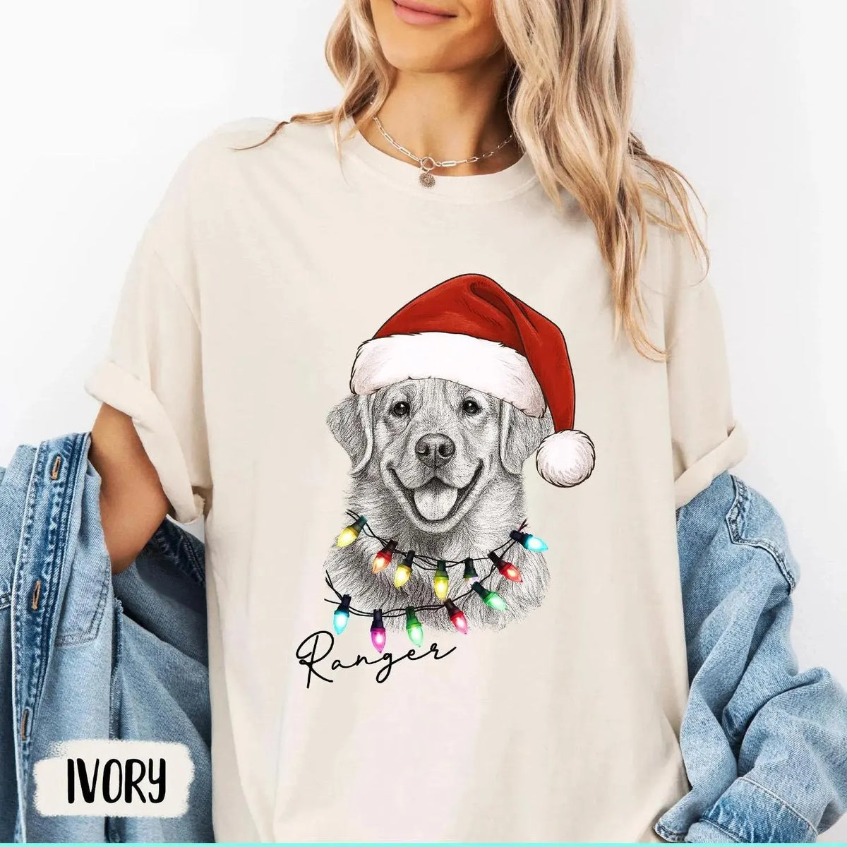 Custom Santa Hat Christmas Dog Shirt with Christmas Lights Design, Custom Graphic Tee