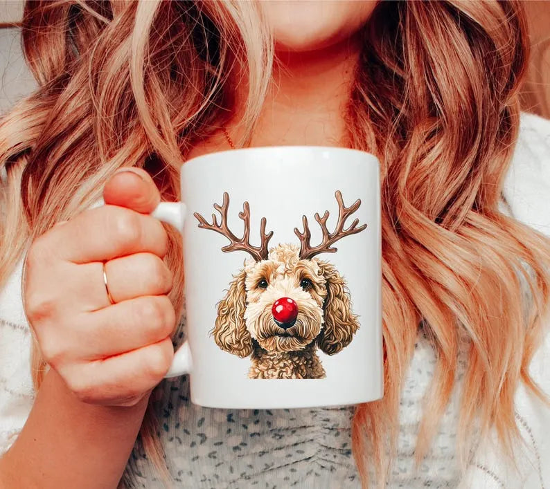 Custom Dog Photo Christmas Mug, Personalized Funny Dog Reindeer Coffee Mug