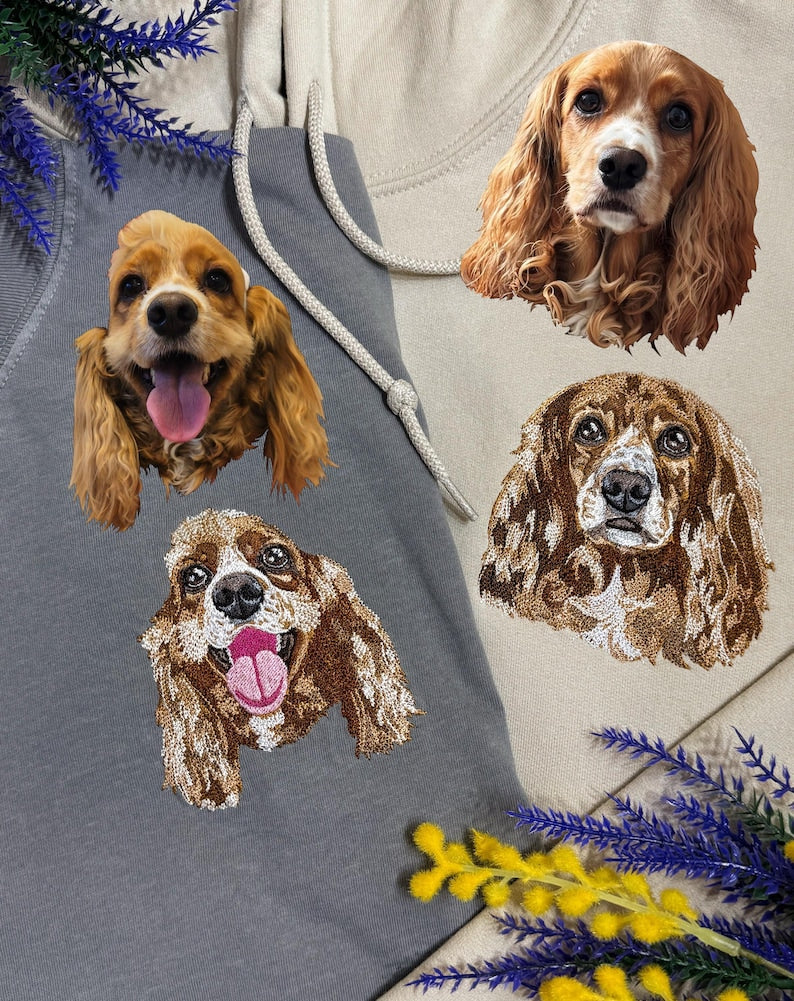 Custom Premium Embroidered Pet Portrait Crewneck Hoodie T-shirt- Colorful Design