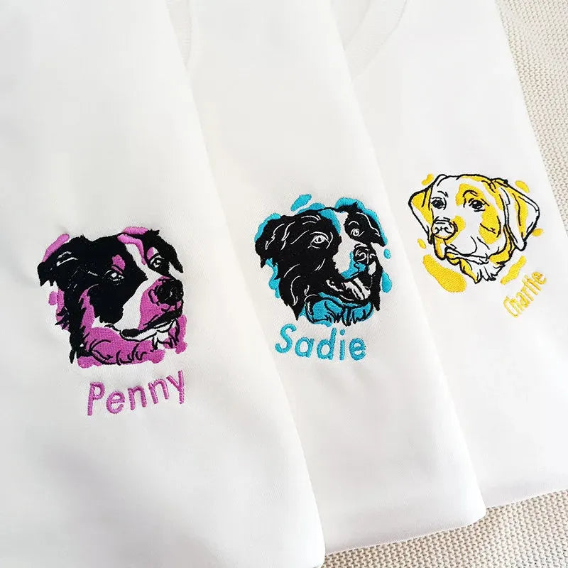Colorful Embroidered Pet Portrait Crewneck, Custom Pet From Your Photo Embroidered Hoodie- Stylish Outline Style