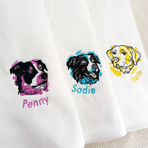 Colorful Embroidered Pet Portrait Crewneck, Custom Pet From Your Photo Embroidered Hoodie- Stylish Outline Style