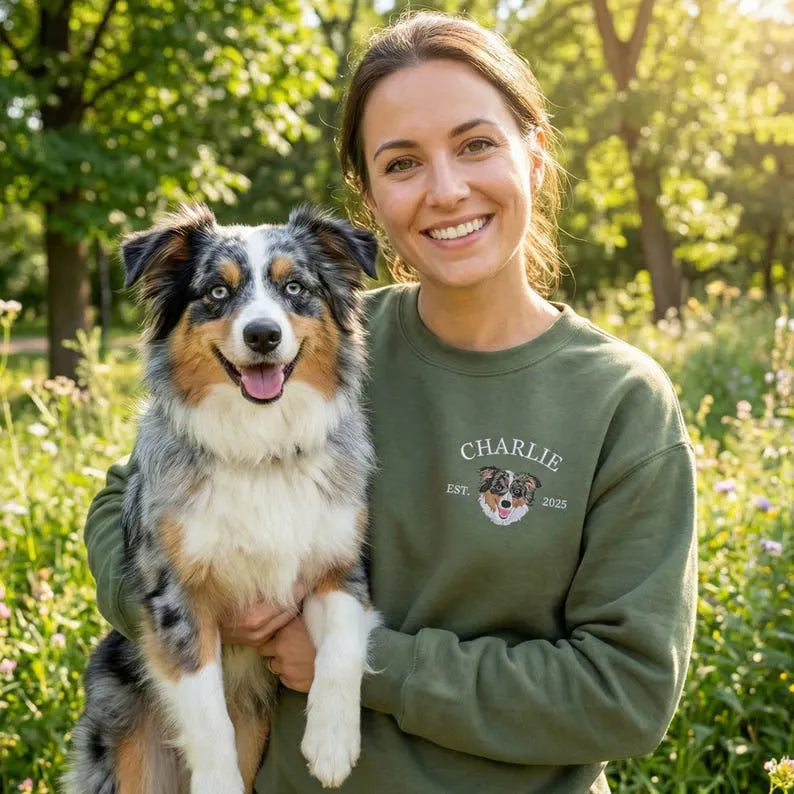 Custom Dog Name and Portrait Embroidered Sweatshirt, Personalized Dog Mom Sweatshirt