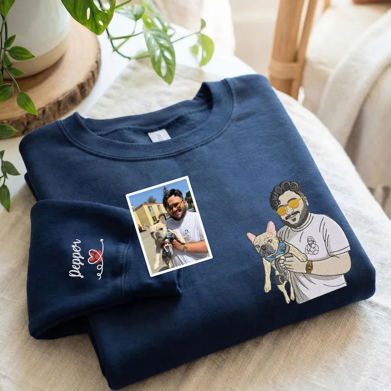 Custom Embroidered Pet and Owner Portrait Sweatshirt, Dog Dad Sweatshirt