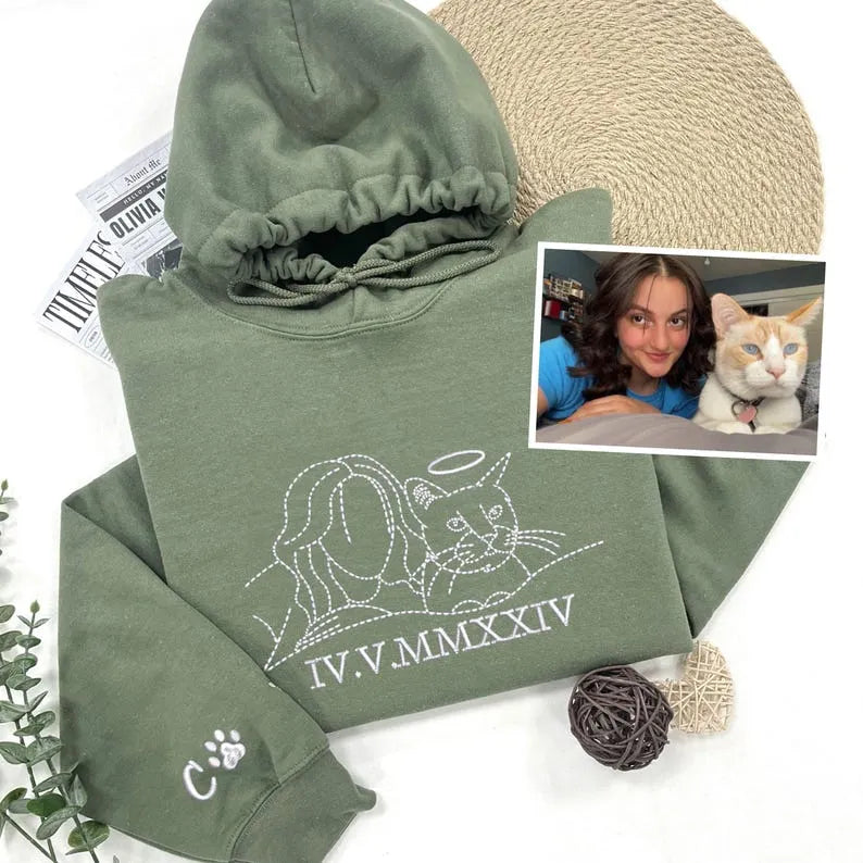 Custom Embroidered Pet and Owner Portrait Sweatshirt From Your Photo, Pet Outline T-shirt- Stylish Outline Style