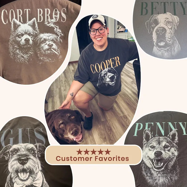 Personalized Pet Portrait Vintage Sketch T-shirt, Dog Face Tee with Name
