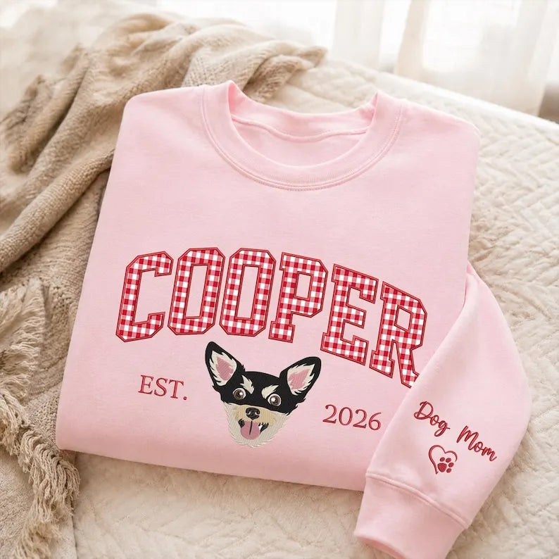 Custom Pet Portrait Varsity Embroidered Sweatshirt with Gingham Applique Name