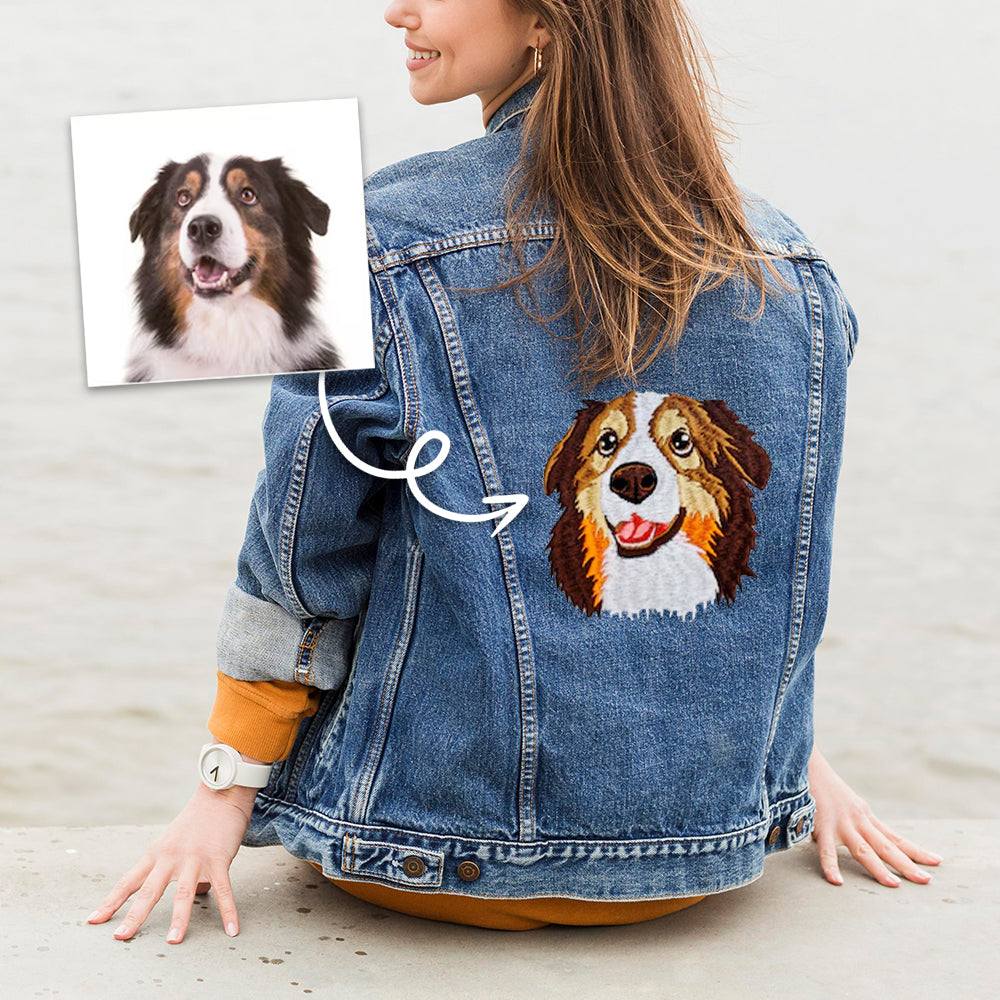 Pet Portrait Embroidered on Denim Jacket Back Side, Custom Pet Denim Jacket
