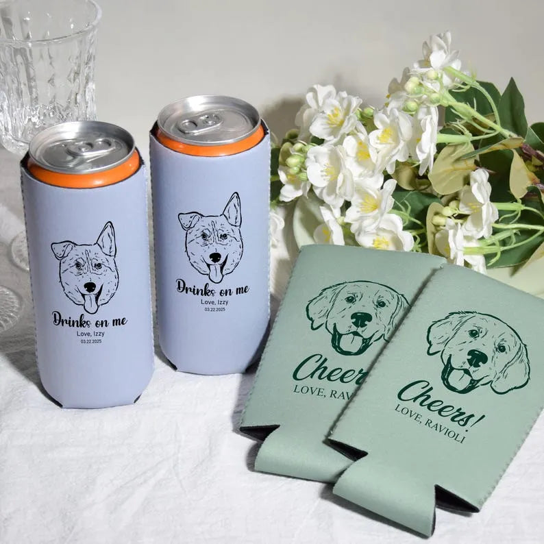 Custom Dog Can Cooler, Wedding Beer Hugger, Custom Dog Wedding Can Cooler