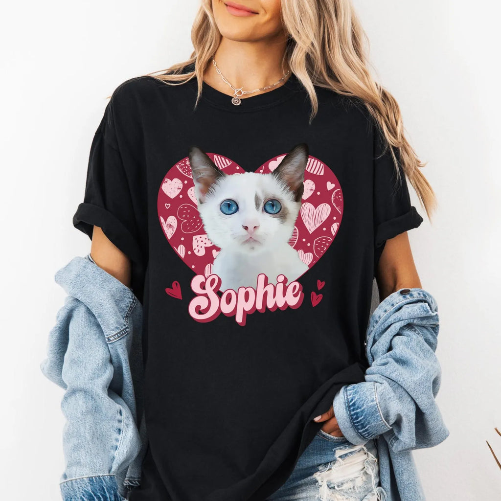 Custom Pet Lover T-Shirt - Cute Heart Design with Pet Photo & Name - Unisex Dog Cat Owner Tee
