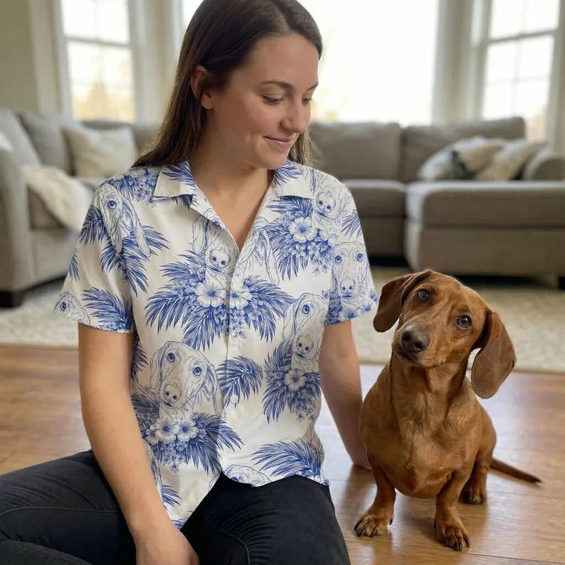 Personalized Dog Photo Toile De Jouy Style Hawaiian Shirt, Fathers Day Gift