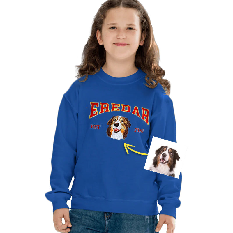 Custom Dog Hoodie Embroidered Dog Name, Personalized Pet Face Sweatshirt, Varsity Style Hoodie For Kid- Varsity Colorful